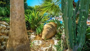 A garden with a large shell, palm trees, and a pool area. - Vacation home Bosque by Interhome (Jávea)