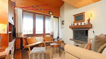 Télévision à écran plat, cheminée, lecteur de DVD