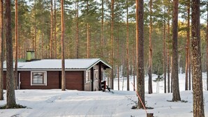 Een chalet in een besneeuwd bos, met een helder pad naar de ingang.