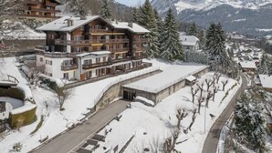 A multi-story hotel with balconies, a ski slope, and snow-covered mountains in the background. - Regina B9 by Interhome (Villars)