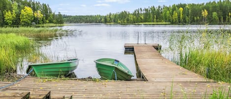Een houten steiger die uitloopt in een kalm meer, omgeven door weelderige begroeiing.