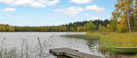 Un lago tranquillo con un molo di legno che si protende nell'acqua, circondato da rive erbose e una foresta sullo sfondo.