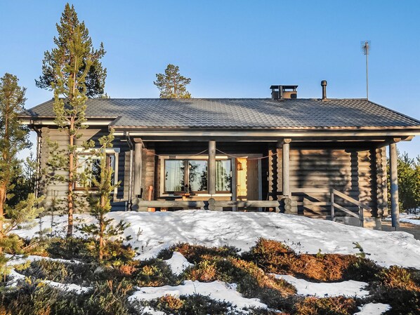 A log cabin with a metal roof, large windows, and a snow-covered ground.