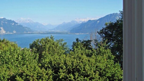 A view of a lake with mountains in the background and dense greenery in the foreground. - Noisette by Interhome (Le Mont-Pèlerin)