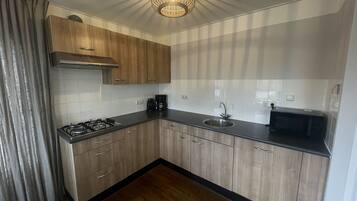 Fridge, microwave, dishwasher, cookware/dishes/utensils