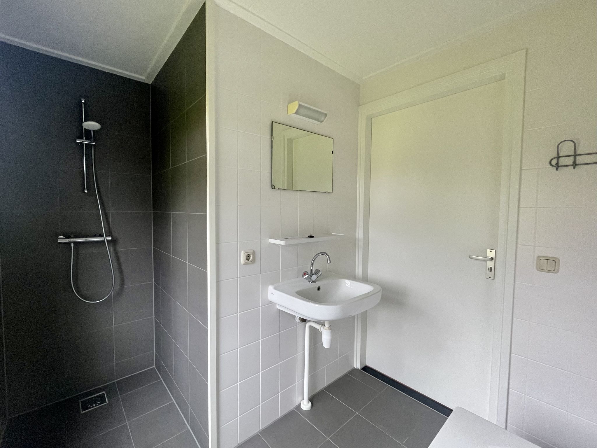 Une salle de bain moderne avec une douche, un lavabo et un miroir.