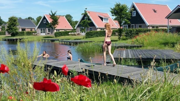 Propiedad junto al lago con muelles de madera, un estanque y casas con tejados rojos.