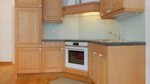 A compact kitchen with wooden cabinets, a built-in oven, and a sink. - Apartment Roger by Interhome (Zermatt)