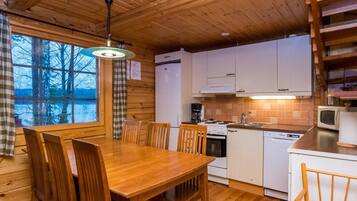 Fridge, microwave, dishwasher, cookware/dishes/utensils