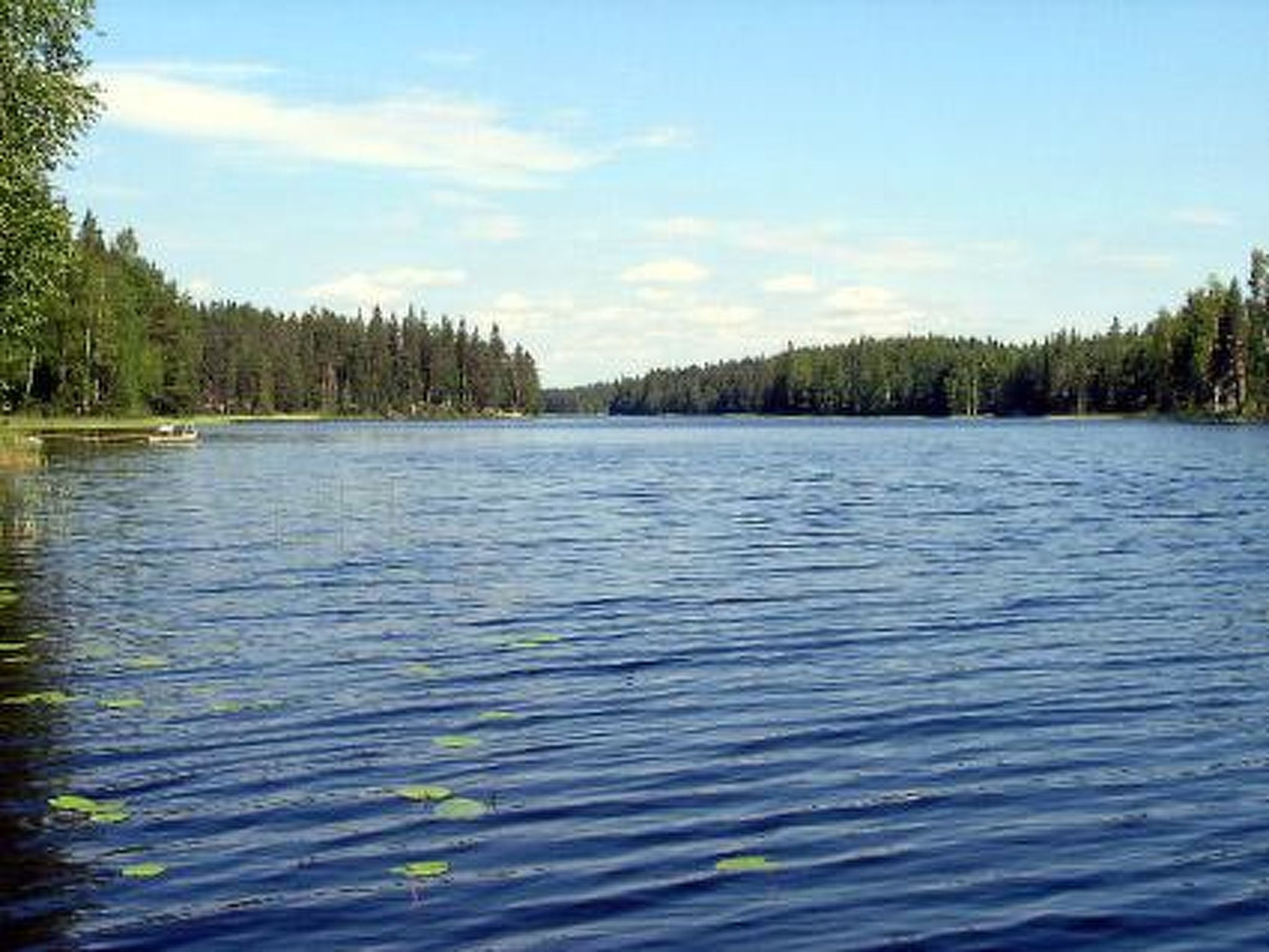 Tyyni järvi, jonka rannalla on metsää ja jonka keskellä kelluu pieni vene.
