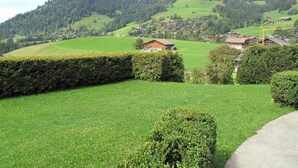 Ländliche Landschaft mit einem kleinen Dorf, grünen Feldern und einem Berg im Hintergrund.