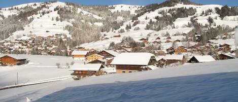 Ein schneebedecktes Dorf mit traditionellen Holzhäusern, blauem Himmel und einem Berg im Hintergrund.
