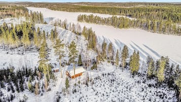 Una cabaña rodeada de árboles cubiertos de nieve y un cielo despejado.