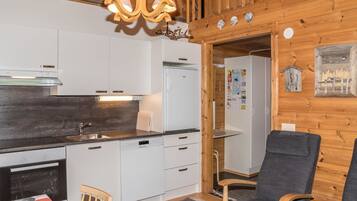 Fridge, microwave, dishwasher, cookware/dishes/utensils