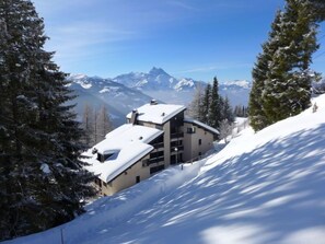 Un bâtiment moderne abritant un centre de sports d’hiver, doté de nombreux balcons et entouré d’arbres et de montagnes enneigées.
