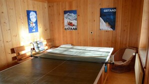 Un tavolo da ping pong in una stanza in legno con poster alle pareti.
