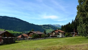 A rural setting with traditional wooden houses, a fenced field, and mountains in the background. - Bolzli-Hus by Interhome (Blankenburg)