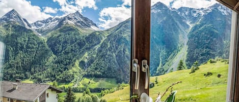 Uma janela com vista para uma paisagem montanhosa, uma porta de madeira e um vaso com flores.