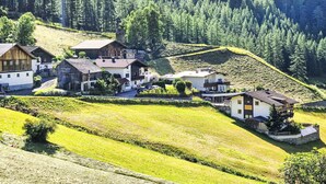 Een landelijk dorp met traditionele houten huizen, terrassen van akkers en een dicht bos op de achtergrond.