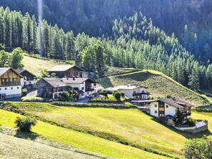 A rural village with traditional houses, terraced fields, and a dense forest in the background.