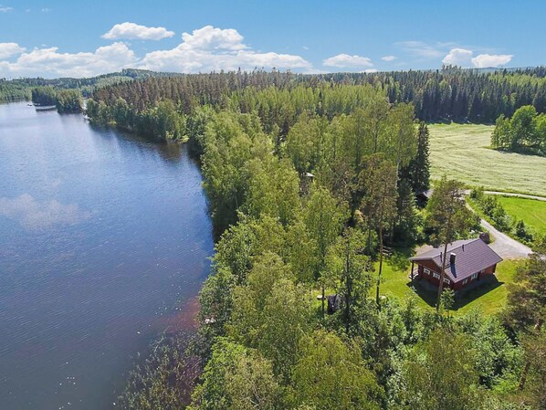 A lakeside cabin with a view of the lake and forest.