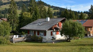 Una casa con techo inclinado, chimenea y un pequeño porche.