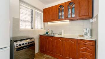 Fridge, microwave, oven, cookware/dishes/utensils
