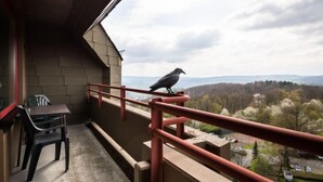 Un balcon avec une balustrade, une table et deux chaises.