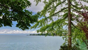 A bench by a stone-paved lakeside walkway with a view of the water and distant shoreline. - Duck House by Interhome (Montreux)