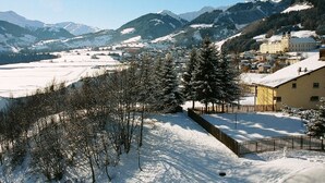 A snow-covered landscape with a town, mountains, and a large tree in the foreground. - Disentiserhof Aua Cotschna Avvanzino by Interhome (Disentis)