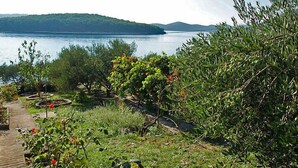 Un jardin avec un sentier en bois menant à un espace de détente situé au bord d’un lac, entouré d’une végétation luxuriante et avec une montagne visible au loin.