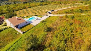 A modern villa with a swimming pool, surrounded by lush greenery and hilly terrain. - Vacation home Ravan by Interhome (Motovun)