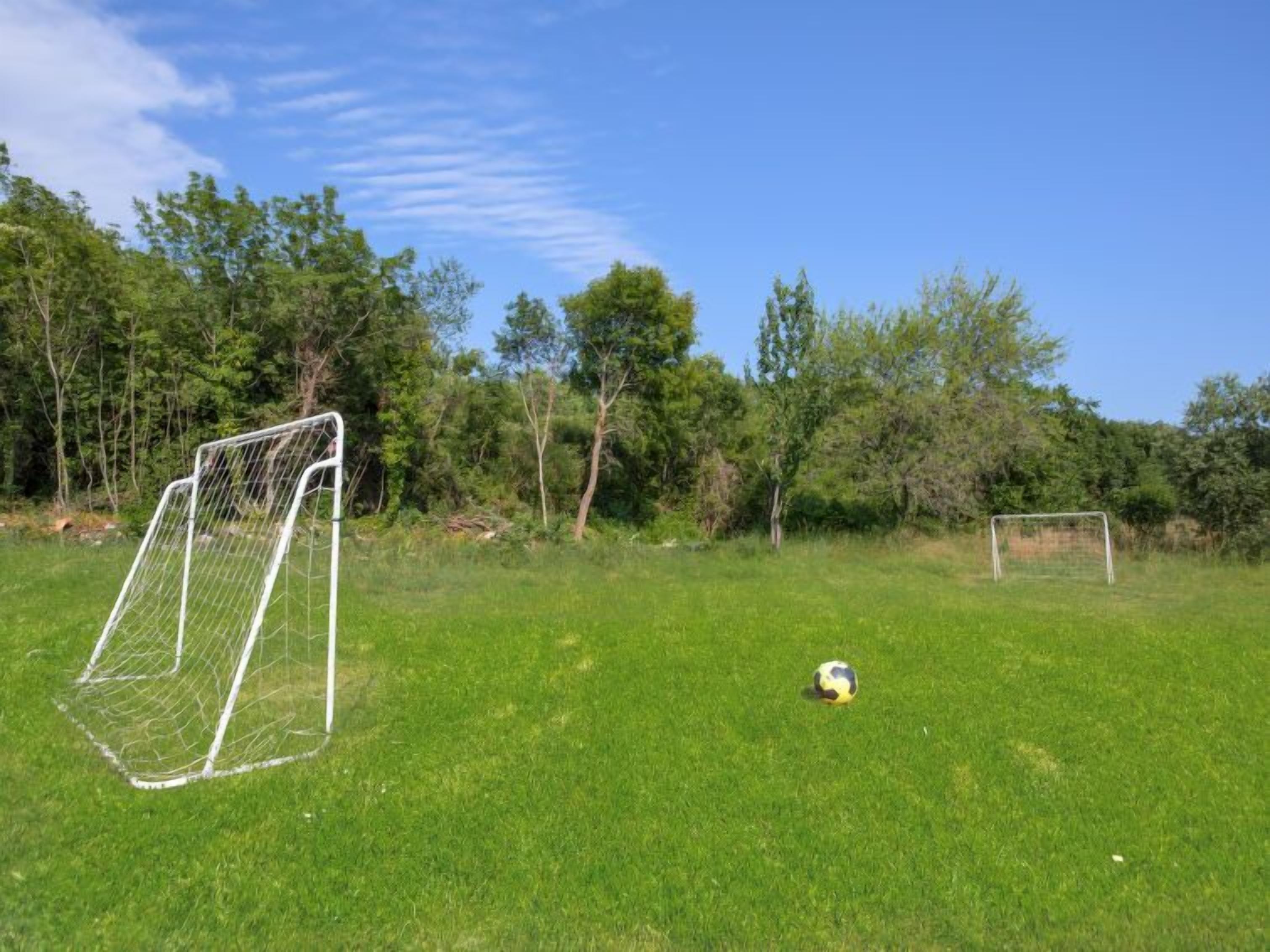 Un campo de fútbol con porterías y un balón.