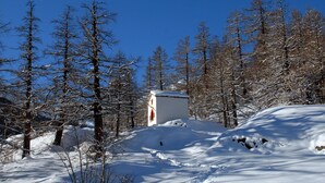 A snow-covered landscape with a small white building with red accents, surrounded by tall, leafless trees. - Haus Adora by Interhome (Saas-Almagell)