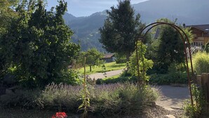 Ein Garten mit vielfältigen Pflanzen und Blick auf ein Bergmassiv im Hintergrund.
