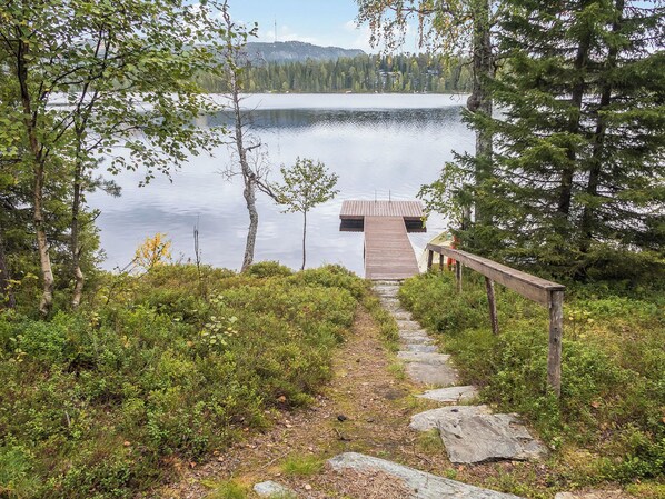 A wooden dock leading to a small cabin by a calm lake, surrounded by dense forest.