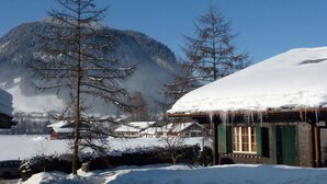 Une montagne enneigée sous un ciel dégagé, une maison en bois avec une porte verte et des arbres dénudés dans un paysage hivernal.