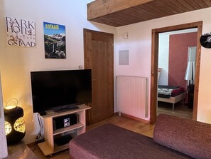 Televisión, chimenea, reproductor de DVD