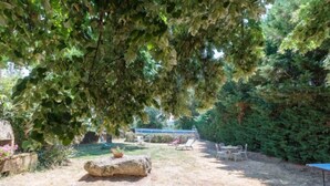 A garden with a stone seating area, a small pool, and a covered seating area. - Le Jardin de Timothee by Interhome (Montmorillon)