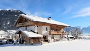 A two-story chalet with a wooden exterior and a snow-covered roof, set against a mountainous backdrop. - Gasteighof by Interhome (Fügen)