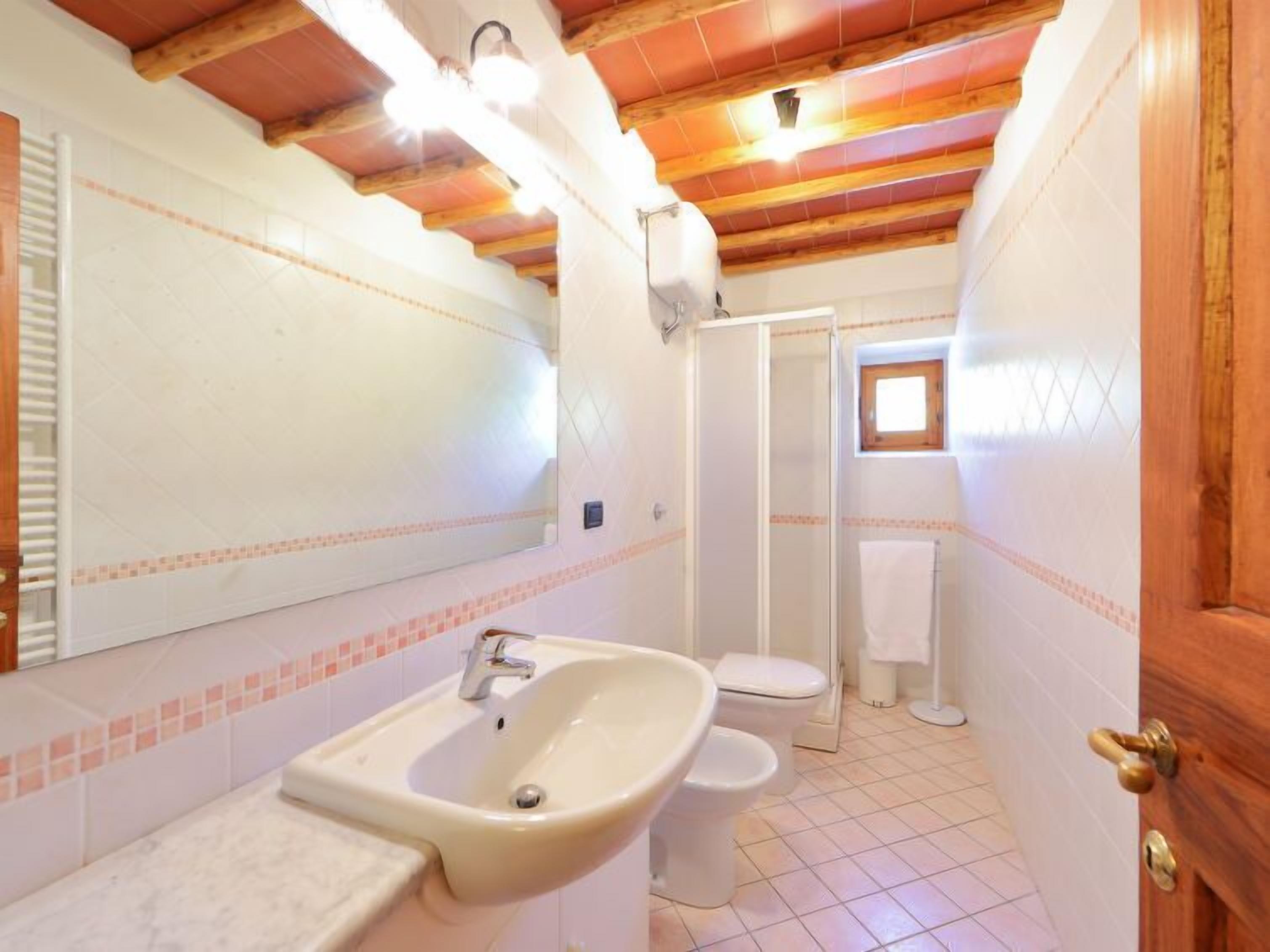 A bathroom with a sink, two toilets, a shower, and a wooden ceiling.