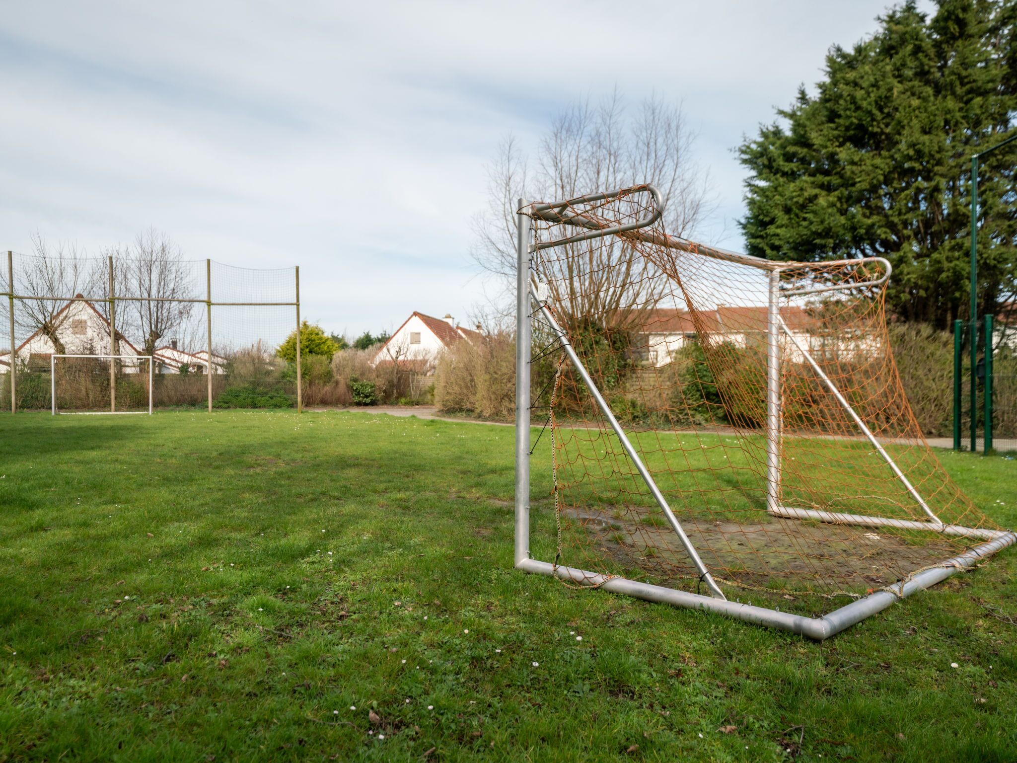 Een voetbaldoel in een grasveld, met huizen op de achtergrond.