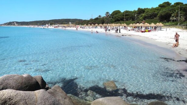 Ein Strand mit klarem Wasser, weißem Sand und Reetdachschirmen.