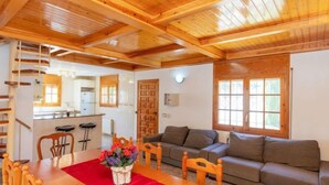 Un interior de madera con comedor, sofá y cocina.