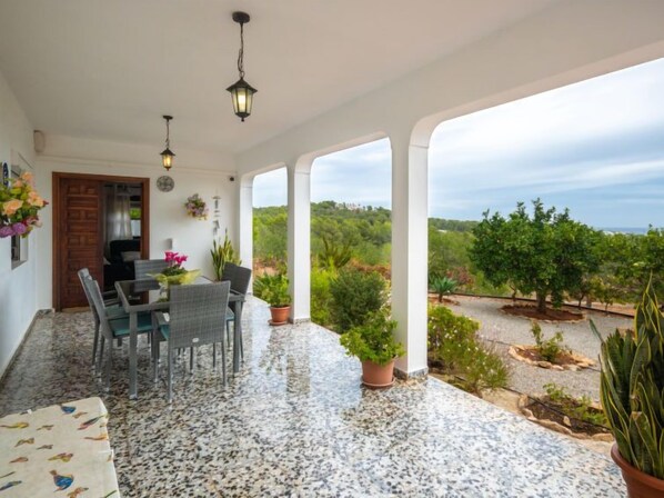 Une terrasse couverte avec une table et des chaises, des plantes en pot et une vue sur un vignoble.