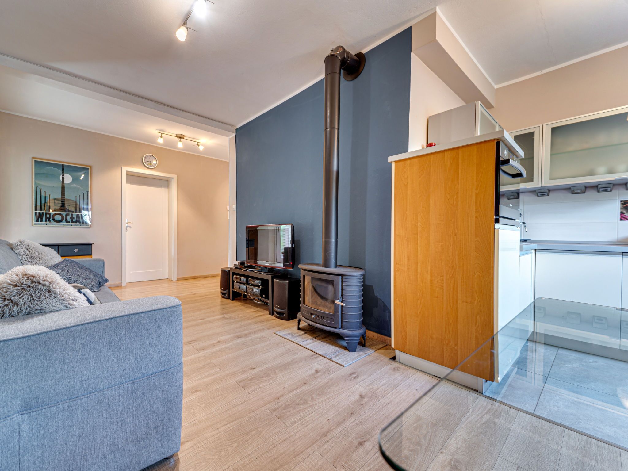 Una sala de estar moderna con un sofá, un televisor y una chimenea de leña.