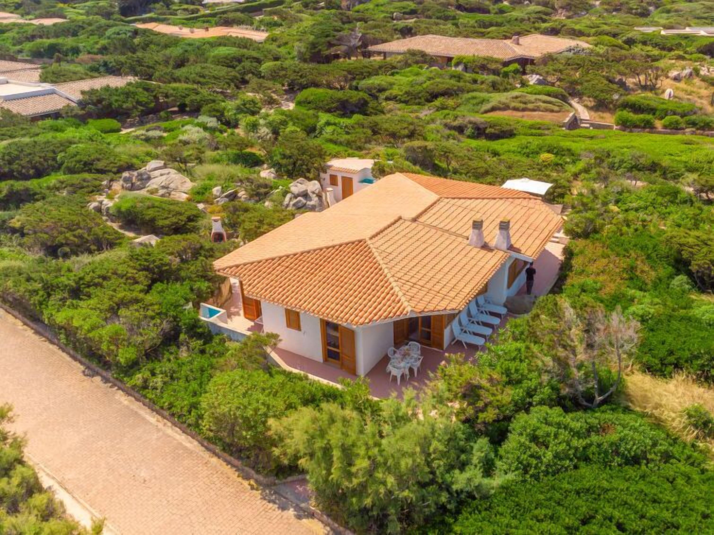 A house with a tiled roof, surrounded by lush greenery and a paved driveway.