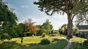 A well-maintained garden with a stone pathway leading to a house.