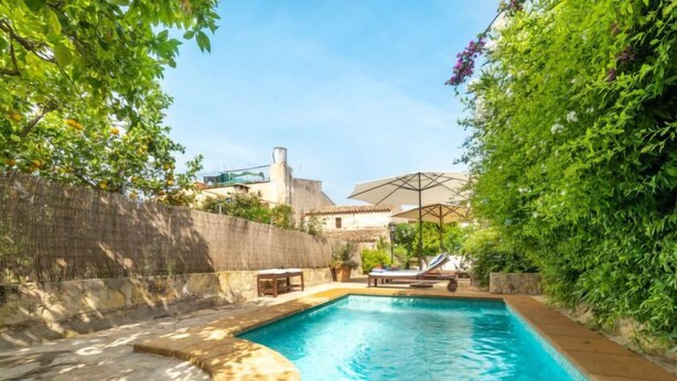 A rectangular swimming pool with a stone edge, surrounded by greenery and a concrete wall. - Sa Teulera by Interhome (Campanet)