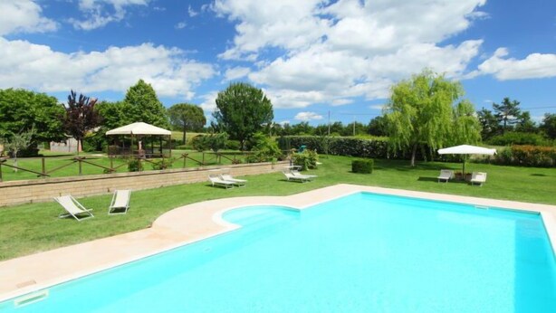 A swimming pool with lounge chairs and umbrellas, surrounded by a well-maintained lawn and trees.